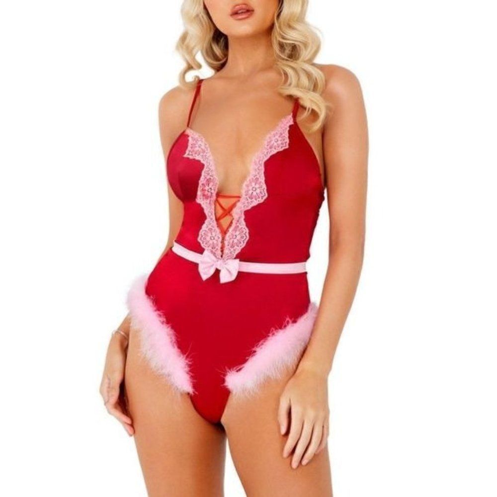 ‎Red Satin Marabou Satin Teddy With Bow Detail Lingerie